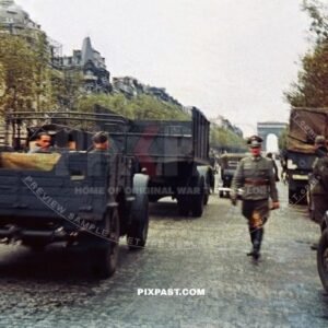 Captured British Bedford truck driving down the Champs Elyseesin occupied Paris France 1940. 6. Infantry Division