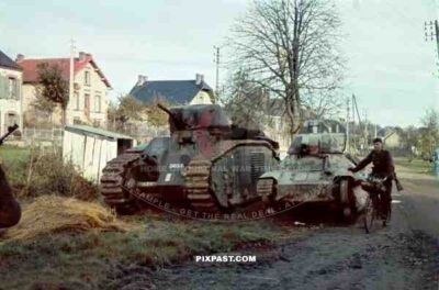 Captured Char B1 French heavy tank DROUOT with a camouflage FCM 36 Char leger Modele 1936 light infantry Tank. No.30036