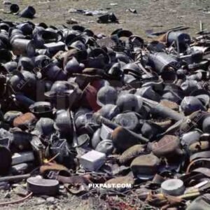 Captured French army helmets and military personnel equipment near French Coast France 1940.