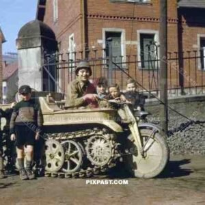 Captured German NSU Klein Kettenkrad half track bike in Normandy France 1944