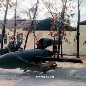 Captured German V-1 flying bomb 7 buzz bomb in an US Army facility for testing captured German equipment 1945.