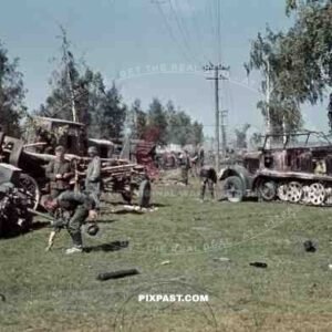 Captured Russian Artillery cannons and destroyed German half track, 3rd Panzer Division, Beresina 1941.