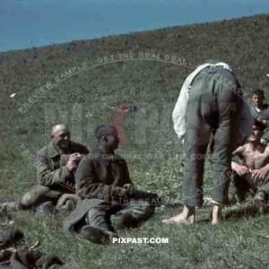 Captured Russian Prisoners of war sitting beside German soldiers, Krim, Crimea, 1942