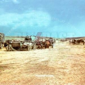 Captured Russian Soviet KV1 panzer tank surrounded by Wehrmacht horse troops. Stalingrad 1942. 297 Infantry Division