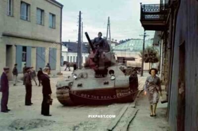 Captured Russian early production T34 Soviet medium tank in Krag / Krangen / Kr. Schlawe Germany 1941. Later Poland.