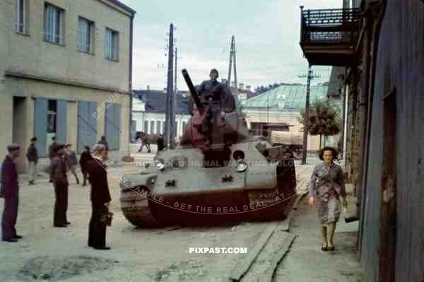 Captured Russian early production T34 Soviet medium tank in Krag / Krangen / Kr. Schlawe Germany 1941. Later Poland.