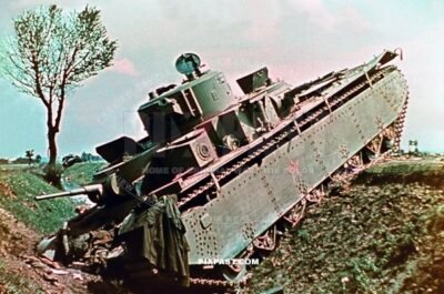 Captured complete Russian heavy T35 battle panzer tank in Dubno, Ukraine 1941. 19th Panzer Division.