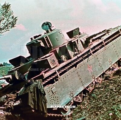 Captured complete Russian heavy T35 battle panzer tank in Dubno, Ukraine 1941. 19th Panzer Division.