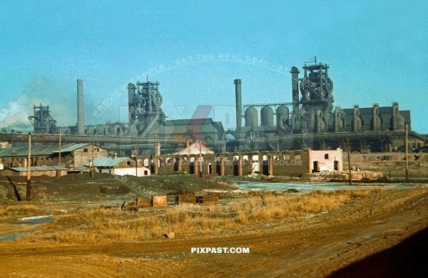 Captured heavy Russian oil refinery factory near Mariupol Russia 1942