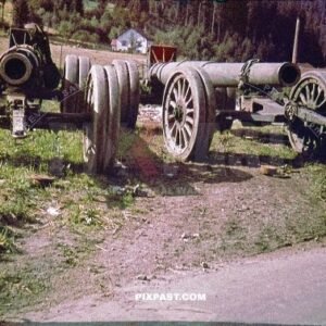 Captured heavy french army cannons artillery. Near Verdun France 1940.