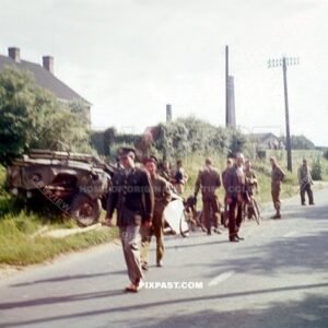 Car crash outside London England 1944. Dodge M37 Us Army truck.  Soldiers joking about crash.