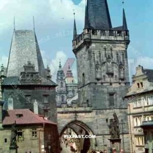 Charles Bridge crossing the Vltava river in Prague, Czech Republic 1940. Malostranska mostecka vez.