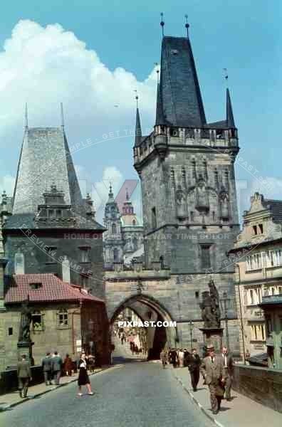 Charles Bridge crossing the Vltava river in Prague, Czech Republic 1940. Malostranska mostecka vez.