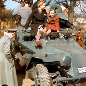 Civilians playing on top of German Light Armoured Car SD.KFZ.222. 6th Panzer Division. Wuppertal 1939 Germany