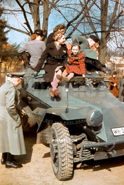 Civilians playing on top of German Light Armoured Car SD.KFZ.222. 6th Panzer Division. Wuppertal 1939 Germany