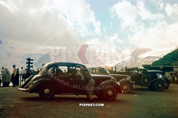 Classic German cars parked in a mountain car park on the border between Bavaria Germany and Austria 1939