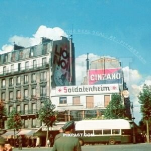 Converted Hotel to Germany Army Hospital Soldatenheim. Occupied Paris France 1940. Cinzano advert. Green city bus