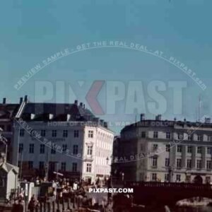 Copenhagen, Denmark 1942. Statue of Absalon, Hojbro Bridge, Nikolaj Kirke