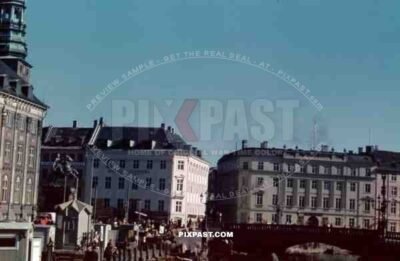 Copenhagen, Denmark 1942. Statue of Absalon, Hojbro Bridge, Nikolaj Kirke
