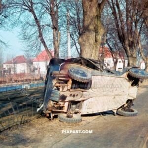 Crashed German army Volkswagen VW Kubelwagen jeep car in Berlin Germany 1940. Photographed by a berlin police man
