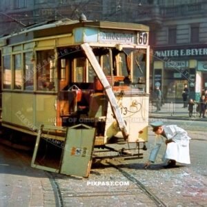 Crashed tram Strassenbahn No. 60 Lindenhof. Bulowstrasse × Potsdamer Strasse  Schoneberg Berlin Germany 1940.