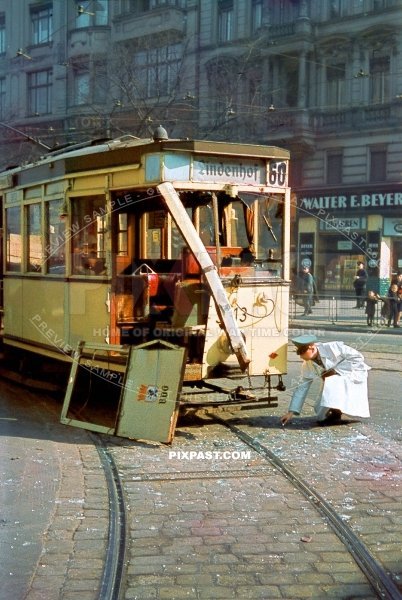 Crashed tram Strassenbahn No. 60 Lindenhof. Bulowstrasse × Potsdamer Strasse Schoneberg Berlin Germany 1940.