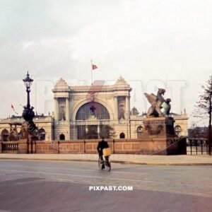 Cyclist passing the Lehrter Bahnhof Main Train Station in Berlin Germany June 1939