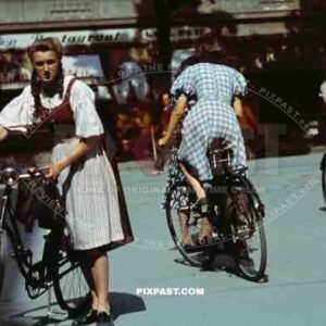 Cyclists in city centre of Stuttgart Germany 1939.