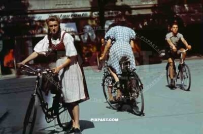 Cyclists in city centre of Stuttgart Germany 1939.