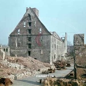 Destroyed / Bombed and burned convoy of German army trucks and cars in Kassel Germany June 1944