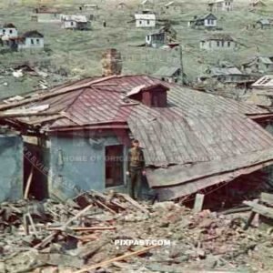 Destroyed Civilian housing and farms on the outskirts of Sevastopol 1942. German soldier standing in the middle of ruins