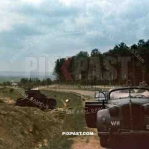 Destroyed Russian T26 Panzer Tank beside german Staff car, 94. Infantry Division, Swords, Signal corp, Summer 1941,