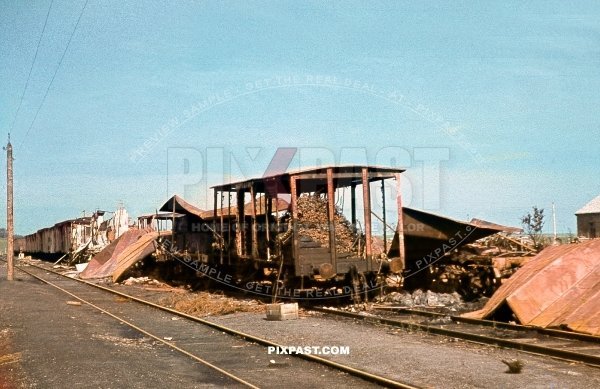 Destroyed Russian cargo train wagons in train station. From German aerial attack. Stalingrad. 297 Infantry Division