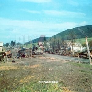 Destroyed Russian tank and artillery column on outskirts of Smolensk July 1941. Russian Heavy Tank KV2 Gigant 152mm