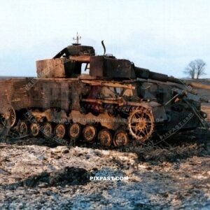 Destroyed late model Panzer IV with steel mesh Drahtgeflecht Schurzen . Siegfried Line Winter 1944