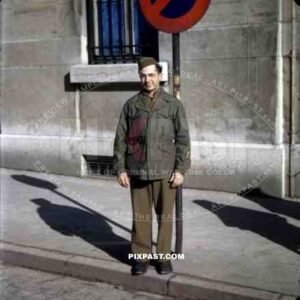 Dijon France VE Day (Victory in Europe) May 8th 1945 american soldier uniform hat no parking sign.