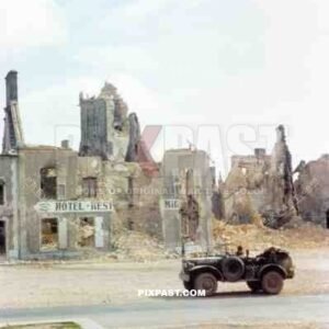 Dodge WC-57 Command Car. Church Ruins St. Lo Normandy. 166th Signal Photographic Company June 1944