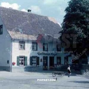 Durrheim Gasthaus Engel, 1936, post box and poster adverts, cart.