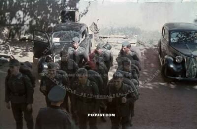 Eastern Front Wehrmacht army unit pulled back to Southern France 1944.Crimea Shield worn by two of the men.