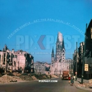 Entering British Sector. Bombed Kaiser Wilhelm Memorial Church. Tauentzienstrasse Berlin Germany 1945
