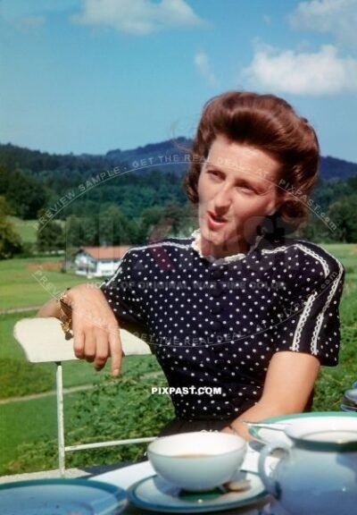 Eva Brauns sister Ilse Braun. Being interviewed by the American journalist Fred L. Tonne. Berchtesgaden Bavaria Germany 1946