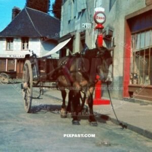 Farmers horse and wagon in front of French Esso petrol station in French village France 1940