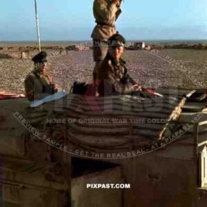 Field Marshal Erwin Rommel watching battlefield 1941 Tunisia in Captured British armoured truck MAX. MAMMUT