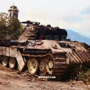 Fifth Army, Torre Tre Ponti Area, Italy. Destroyed "Tiger" [Panther MK V] Tank, Route 7, Just outside of Torre Tre Ponti