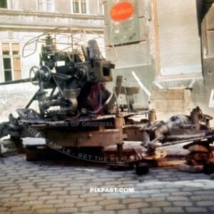 Final Street battle of Vienna Austria April 1945. Knocked out Russian built 3.7cm Flak cannon in middle of the streets.