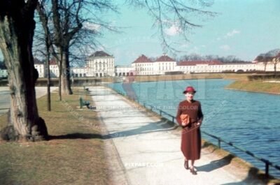 Frau Miss Gohlke walking in front of the Schloss Nymphenburg Castle in Munich Bavaria Germany 1939