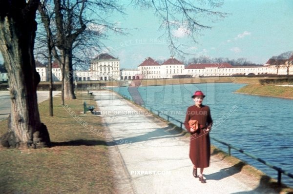 Frau Miss Gohlke walking in front of the Schloss Nymphenburg Castle in Munich Bavaria Germany 1939