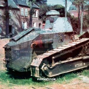 French FT-17 67358 Camouflage Panzer Tank WW1 abandoned in the city of Loreans in France 20 June 1940