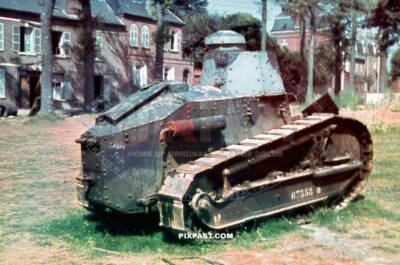 French FT-17 67358 Camouflage Panzer Tank WW1 abandoned in the city of Loreans in France 20 June 1940