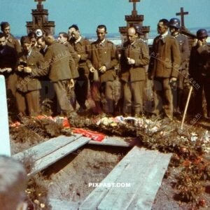 French army officers as POW Prisoners attending the French army comrade funeral.  Hoechstadt an der Aisch, Germany 1943
